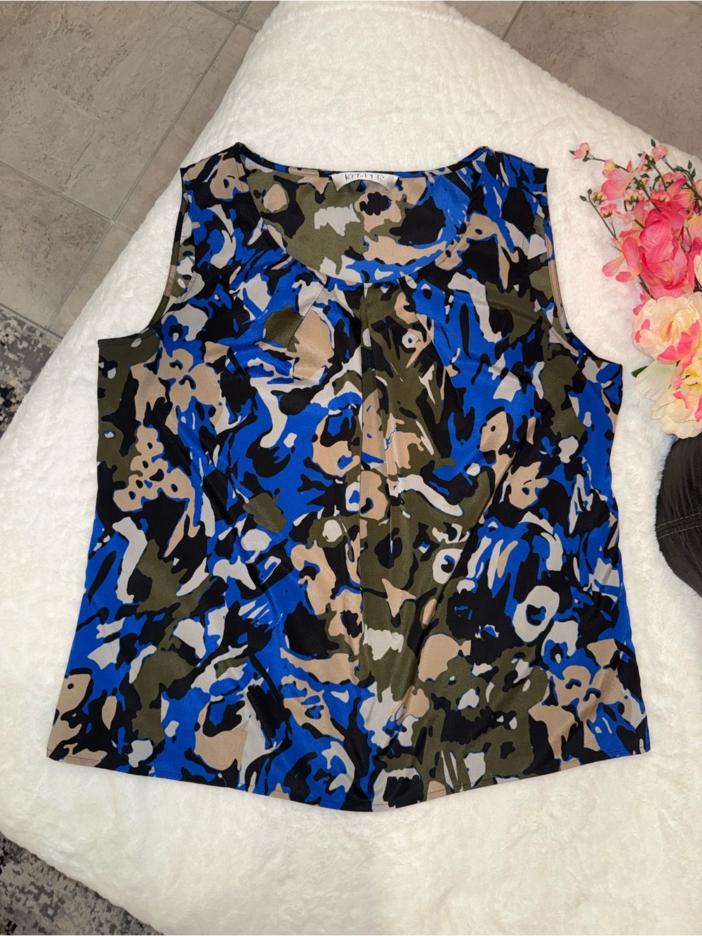 3 x 20$ Kasper Blue Olive Black Abstract Print Sleeveless Top Size M